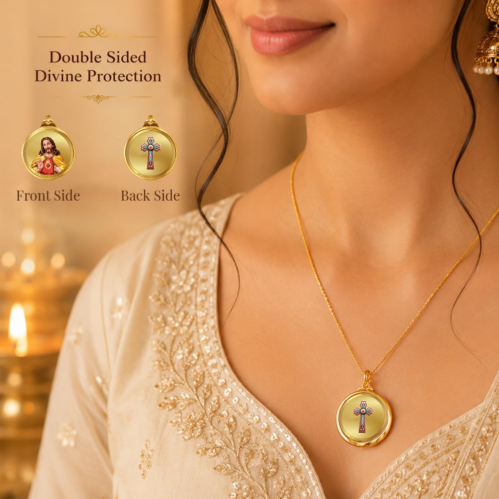 DIVINITI 24K Gold Plated Double-Sided Religious Pendant with Premium Gift Box, Spiritual Locket for Men & Women, Devotional Jewellery for Gifting & Everyday Wear | Jesus Christ & Holy Cross - CLR Pendant