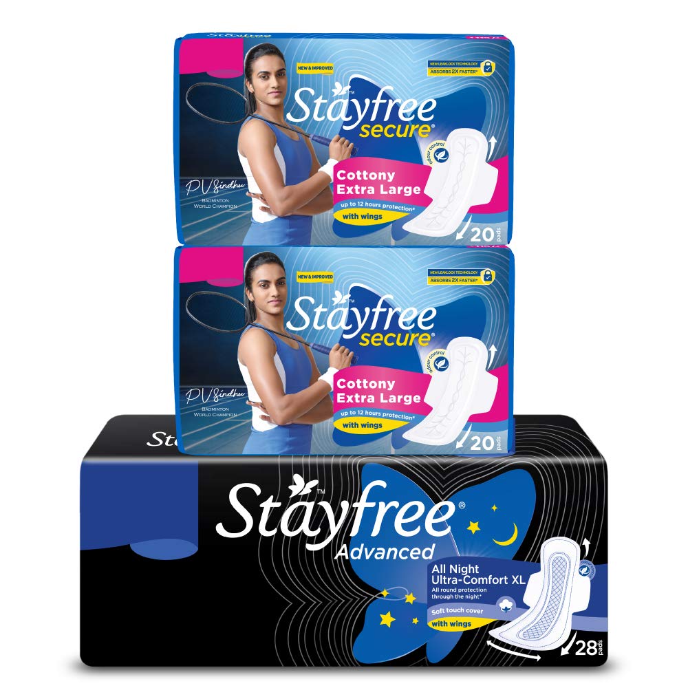 Stayfree Soft Cover XL Sanitary Napkin Combo Pack for Women - Stayfree Advanced All Night 28 & Stayfree Secure Extra Large 20x2 (68 Pads) (Pack of 1)