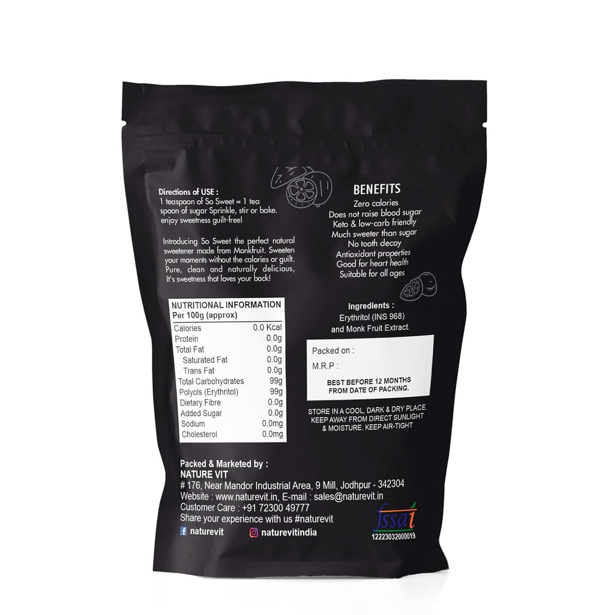 NatureVit Monk Fruit Sweetener Powder, 200g | Zero Calorie 1:1 Sugar Substitute with Erythritol | Natural Sweetener I MonkFruit Sugar Extract For Cooking & Baking