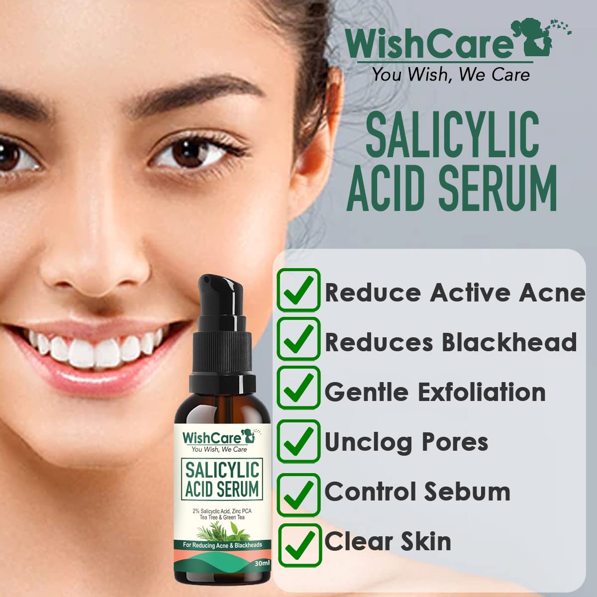 WishCare 2% Salicylic Acid Serum for Active Acne/Acne Marks & Blackheads with Zinc PCA, Tea Tree & Green Tea - 30 ml, Clear, (WSAS30)