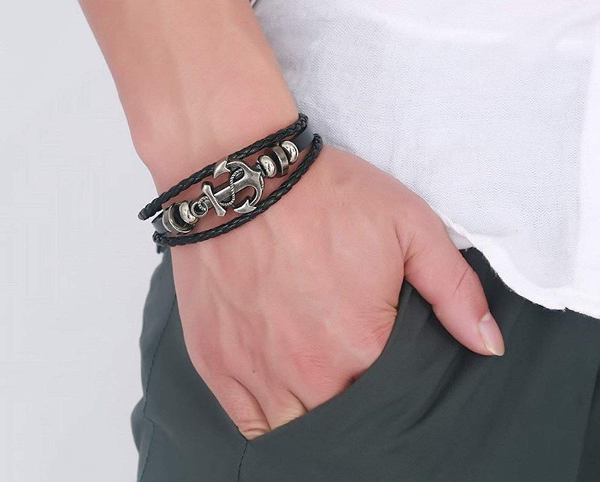 Shining Diva Fashion Leather Multi Strand Bracelet for Men and Boys