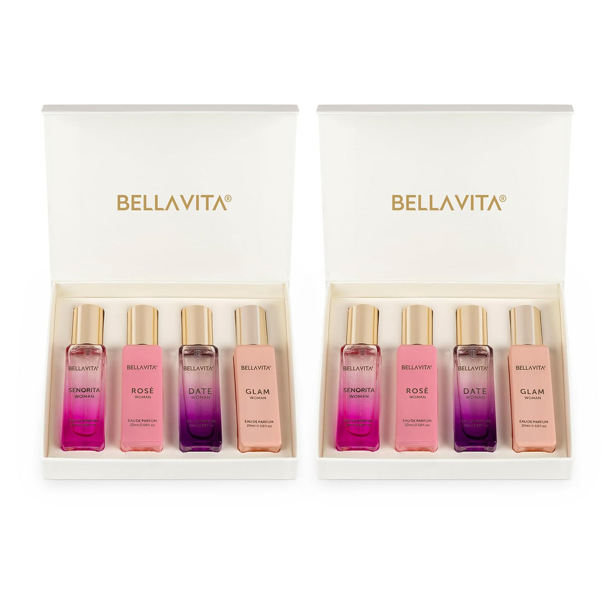 Bella Vita Luxury Long Lasting Women Gift Set | 4x20ml (Pack of 2) | Gifts for Women | Floral, Fruity, Premium Fragrance Scent | Date, Senorita, Glam, Rose