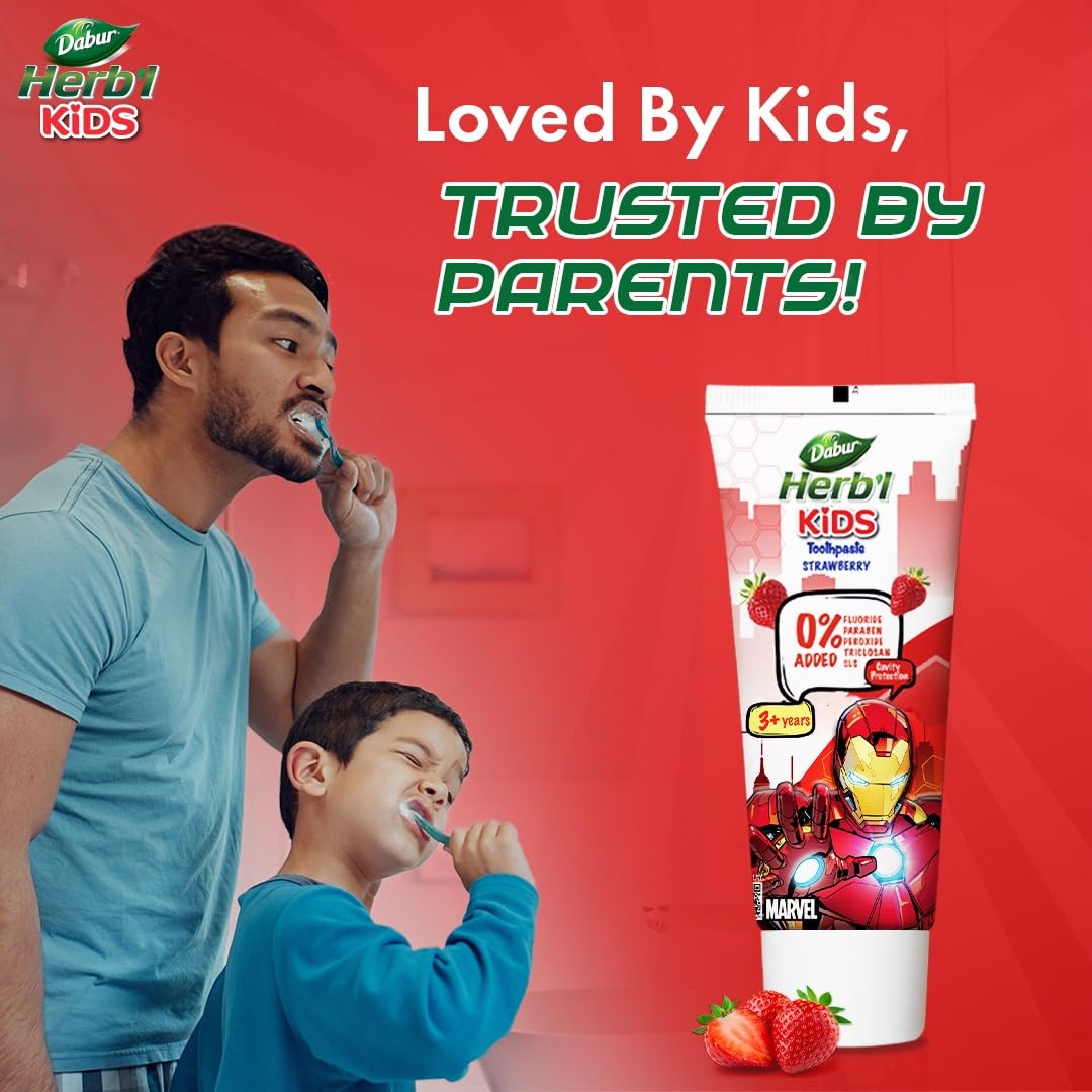 Dabur Herb’l Kids Iron Man Toothpaste - 160g (80g x 2) | Strawberry Flavour | 3+ Years | No Added Chemicals | Cavity Protection | Fights Germs | Strong Teeth & Healthy Gums | SLS & Fluoride Free