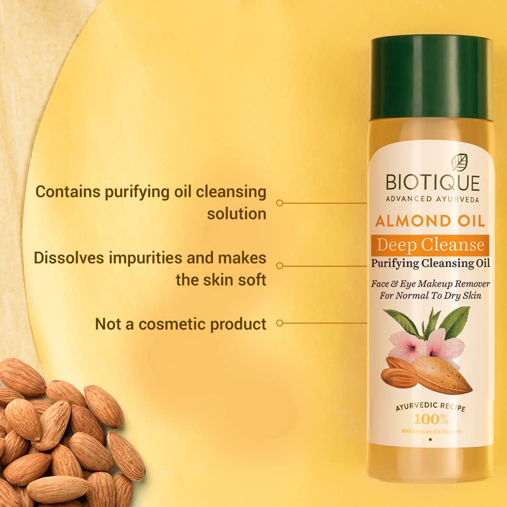 Biotique Almonmd Oil Deep Cleanse Purifying Cleansing Oil Face & Eye Makeup Remover For Normal to Dry Skin, 120ml & Biotique Bio Fruit Whitening/Brightening Lip Balm, 12g