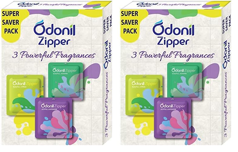 Odonil Bathroom Air Freshener Zipper Mix - 30g (10gx3) | Citrus, Jasmine & Lavender | Instant & Long Lasting Fragrance | Lasts upto 30 days | Germ Protection (Pack of 2)