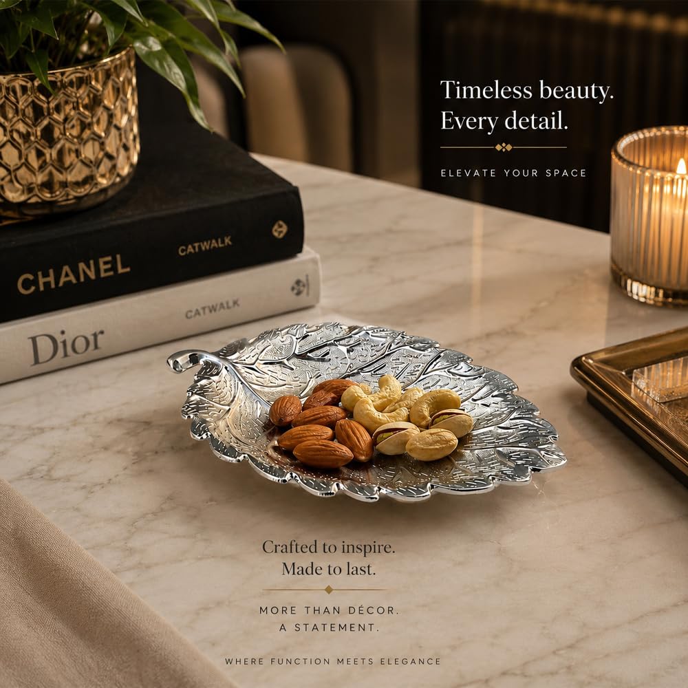 Diviniti Silver Plated Leaf Decorative Tray | Multipurpose Serving & Display Tray for Home Décor, Coffee Table, Dining Table, Vanity & Gifting | Luxury Metal Leaf Platter