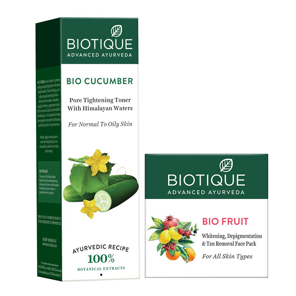 Biotique Bio Cucumber Pore Tightening Toner, 120ml and Biotique Bio Fruit Whitening and Depigmentation and Tan Removal Face Pack, 75g (Pack of 2)