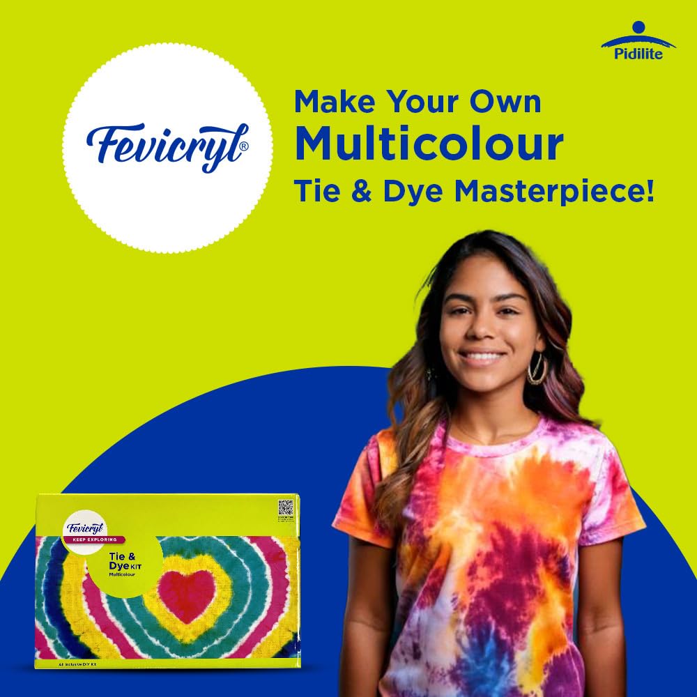 Fevicryl Tie & Dye Multicolor Kit | Complete DIY Fabric Colour Kit with 4 Acrylic Colour, 1 x 2 feet Fabric, 4 Squeezy Bottles | Ideal for Gifting, Beginners & Art Enthusiasts