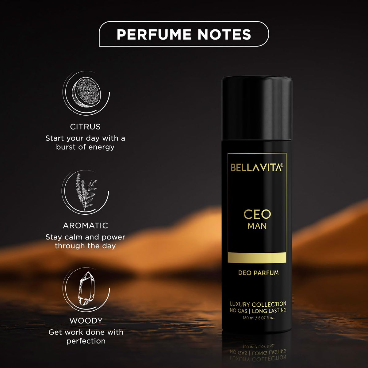 Bella Vita Luxury Male Spray CEO Man Body Perfume 150ml | Premium No Gas Deo for Man | Long Lasting Office Fragrance with Tonka, Agarwood & Sophisticated Masculine Notes