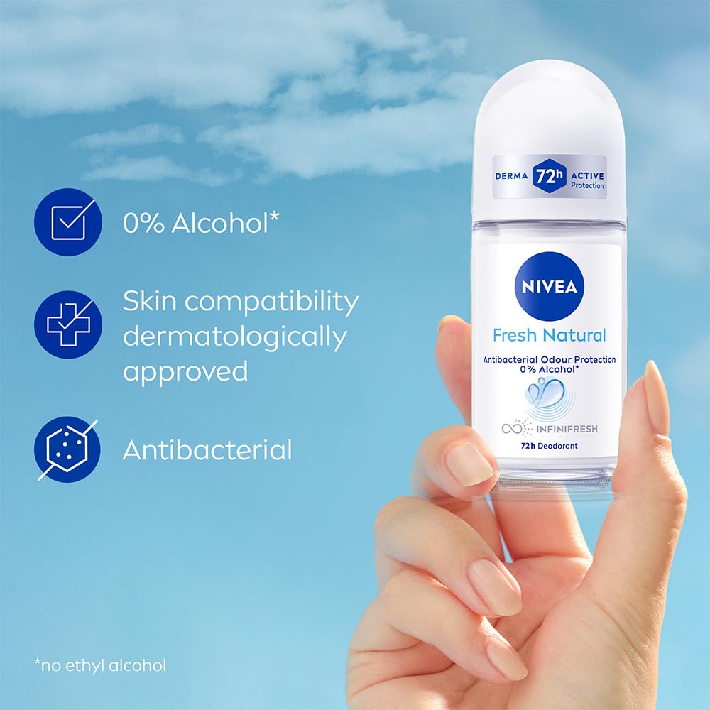 NIVEA Fresh Natural Roll On Deodorant | 72H Long Lasting Freshness | Fights Bacteria and Bad Odour | Mild Soothing Fragrance | With Ocean Extracts | 0% Alcohol | Dermatologically Approved & Paraben Free Formula | 50ml