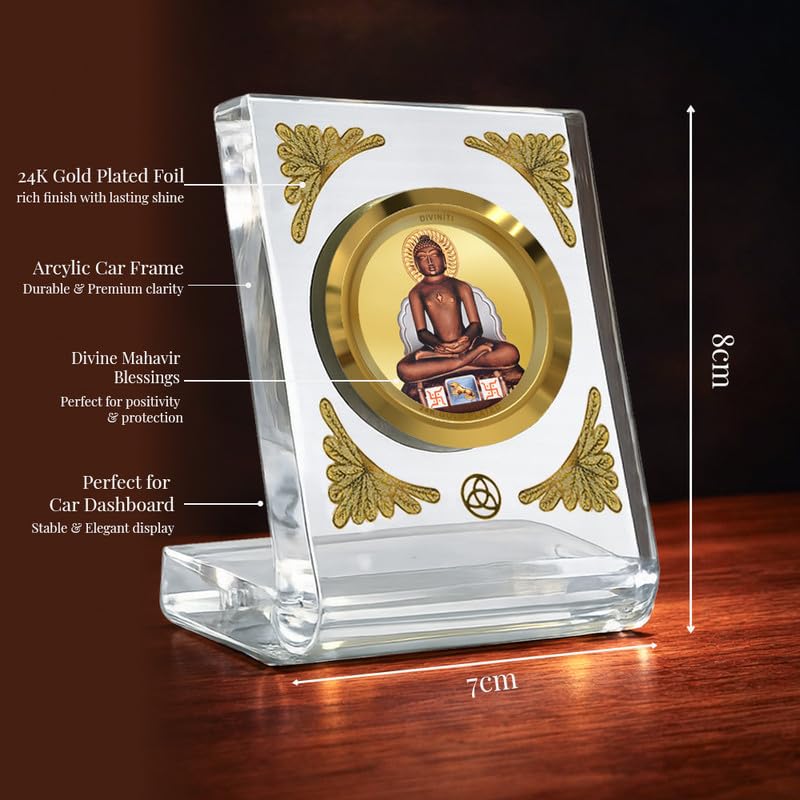 DIVINITI 24K Gold Plated Religious Car Dashboard Frame | Premium God Idol Frame for Car, Home Mandir & Office Table | Spiritual Gift, Decorative Showpiece | Mahavir