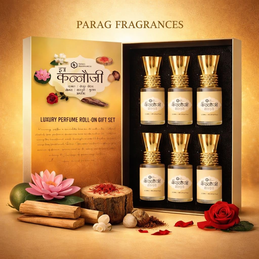 Parag Fragrances Kannauji Gift Set 6pc of 6ml Each/Gulab, Kesar-Chandan, Mogra, Agar oud, Kamal & Kasturi / 100% Alcohol Free & Natural Fragrance/Long Lasting for Pooja & Personal Use