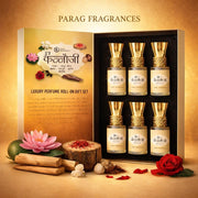 Parag Fragrances Kannauji Gift Set 6pc of 6ml Each/Gulab, Kesar-Chandan, Mogra, Agar oud, Kamal & Kasturi / 100% Alcohol Free & Natural Fragrance/Long Lasting for Pooja & Personal Use