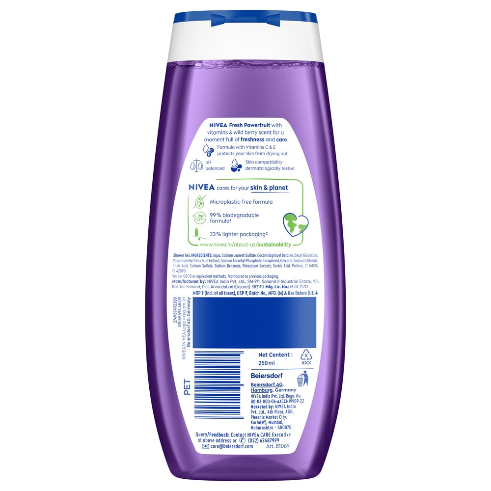 NIVEA Fresh Power Fruit 250ml Body Wash| Shower Gel with Real Fruit Extracts| Pure Glycerin for Instant Soft & Summer Fresh Skin|Microplastic Free |Clean, Healthy & Moisturized Skin