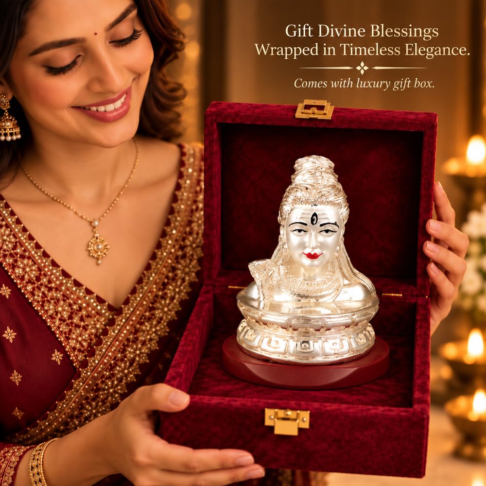 DIVINITI Premium Lord Shiva Idol with Silver-Tone Finish | Mahadev Shiv Ji Bust Showpiece with Decorative Base & Premium Gift Box | Home, Mandir, Office & Spiritual Gifting | 8 x 6 cm