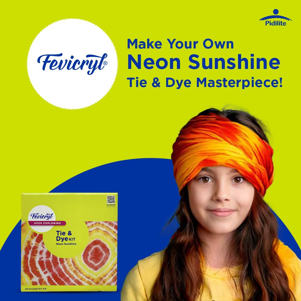 Fevicryl Tie & Dye Neon Kit | Complete DIY Fabric Colour Kit with 2 x 15 ml Neon Fevicryl Acrylic Colors, 21 x 21 Inches Fabric, Squeezer & More | Ideal for Gifting, Beginners & Art Enthusiasts