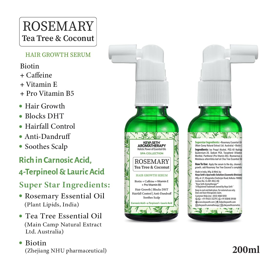 KEYA SETH AROMATHERAPY Rosemary Tea Tree Coconut Hair Growth Serum, Biotin Caffeine Vitamin E B5, Blocks DHT, Hair fall Control, Dandruff Soothing 30ml