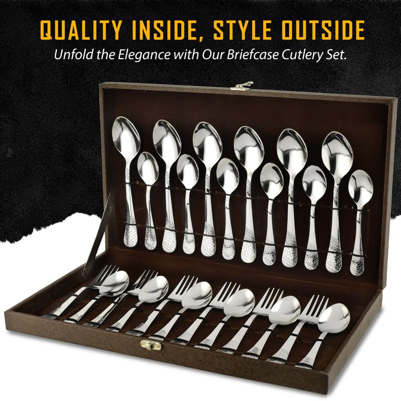 Parage 24 Pieces Premium Stainless Steel Cutlery Set, Home & Kitchen with Gift Box (6 Pieces Each Table Spoons, Table Forks, Dinner Spoon & Tea Spoons) with Leatherite Box (Imperial Design)