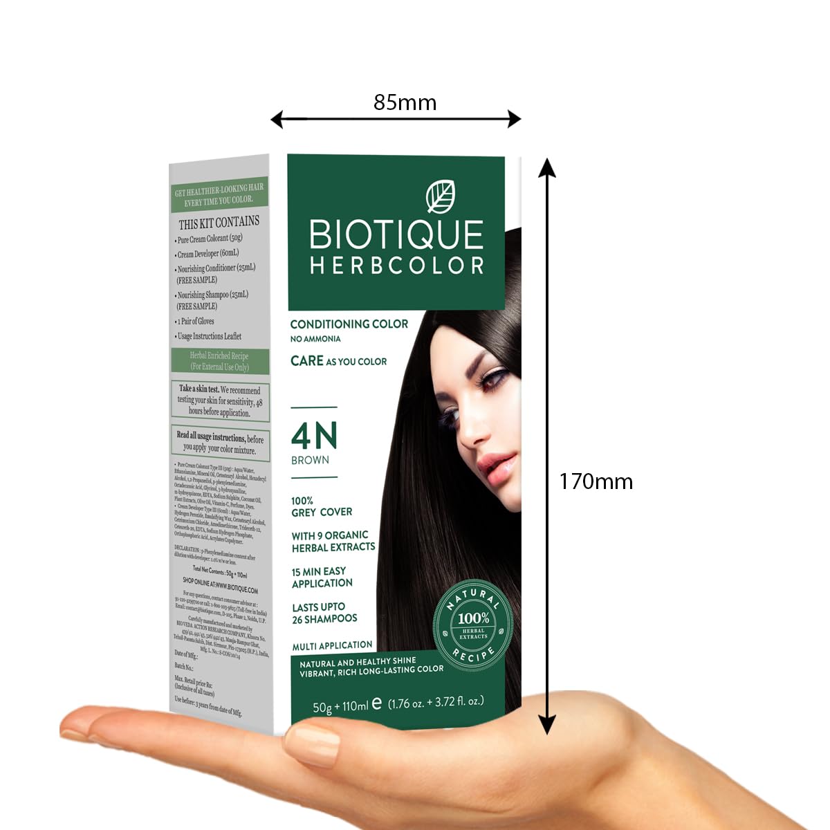 Biotique Herbcolor Conditioning Hair Colour l Ammonia Free Hair Color l 9 Organic Herbal Extracts l Natural and Healthy Shine l 50g + 110ml| Brown 4N (Pack of 4)