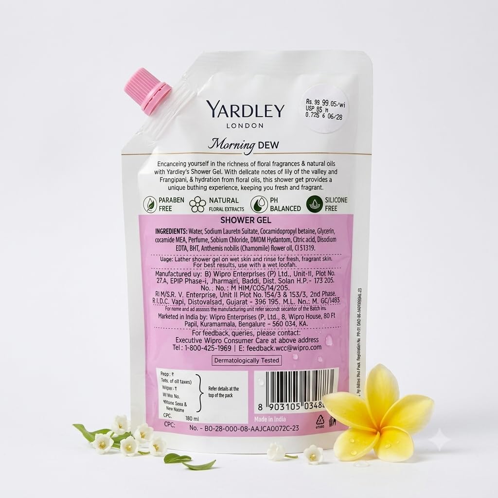 Yardley London Morning Dew Shower Gel for Women, Lily of the Valley & Frangipani, Refreshing Floral Body Wash, 180g
