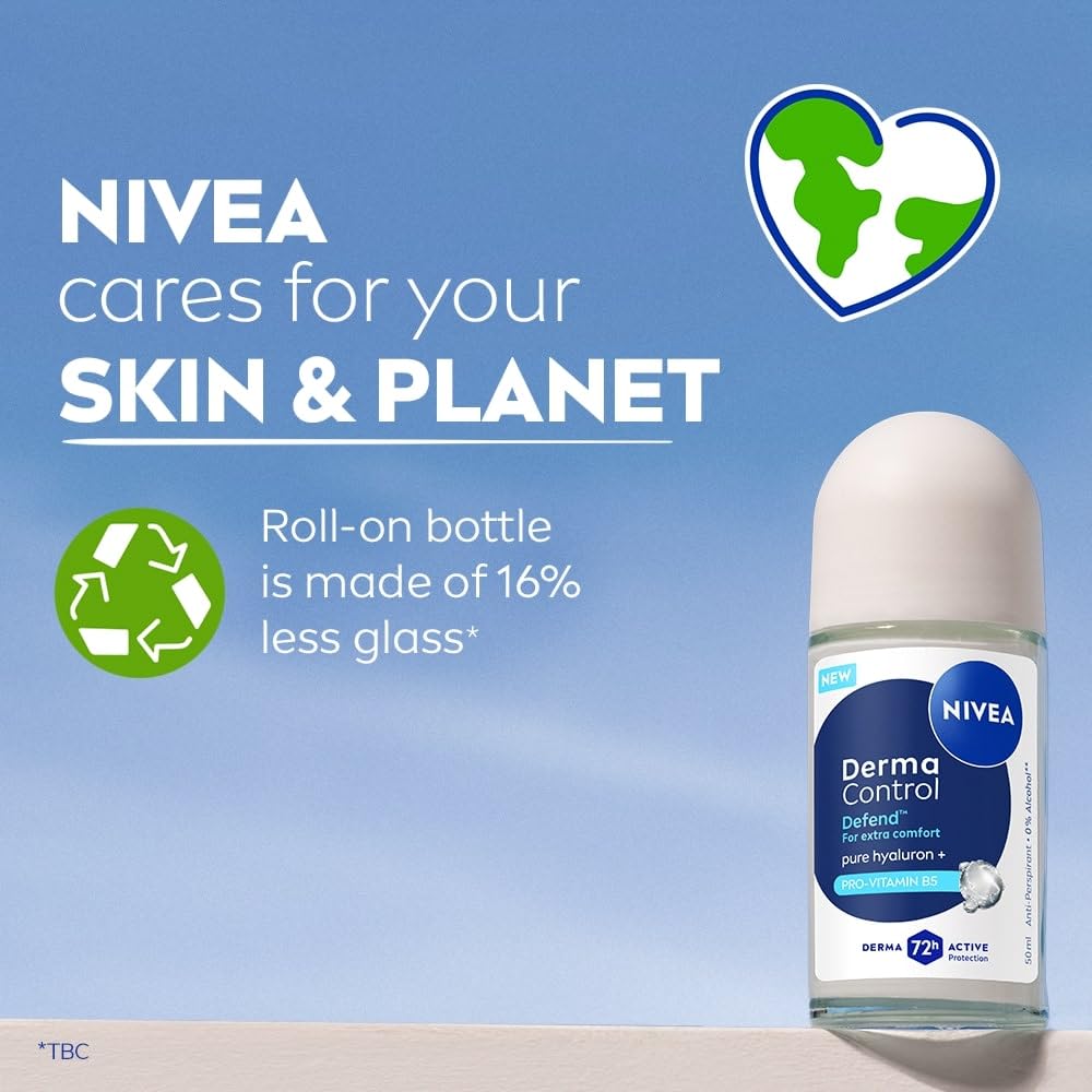 NIVEA Derma Control Defend Underarm Deo Roll-On for Women | Defends Against Irritation | 72H Derma Active Protection | With Pure Hyaluronic Acid & Pro-Vitamin B5 | 0% Alcohol | 50 ml