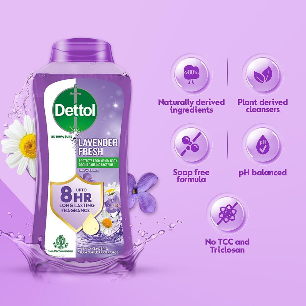 Dettol Body Wash and Shower Gel for Women and Men, Lavender Fresh- 250ml | 8hr long lasting fragrance