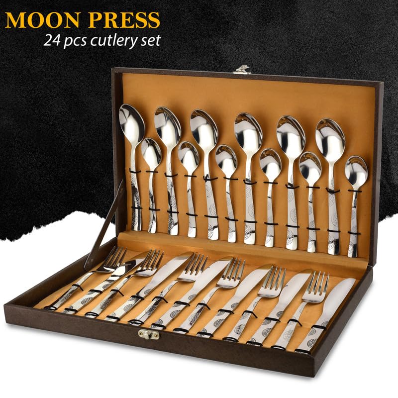 Parage 24 Pieces Premium Stainless Steel Cutlery Set, Home & Kitchen with Gift Box (6 Pieces Each Table Spoons, Table Forks, Tea Spoons, Butter Knife) with Leatherite Box