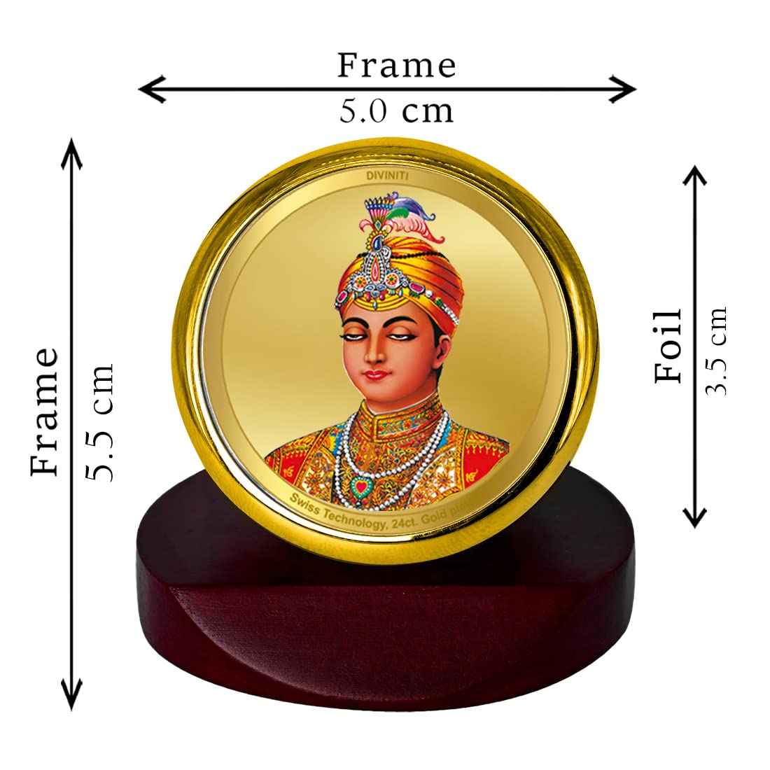 DIVINITI 24K Gold Plated Guru Harkishan Singh Metallic Idol for Home Decor, Pooja Room, Office Desk & Car Dashboard | Premium Religious Gift with Wooden Stand for Blessings & Positivity|5.5 x 5.0 CM