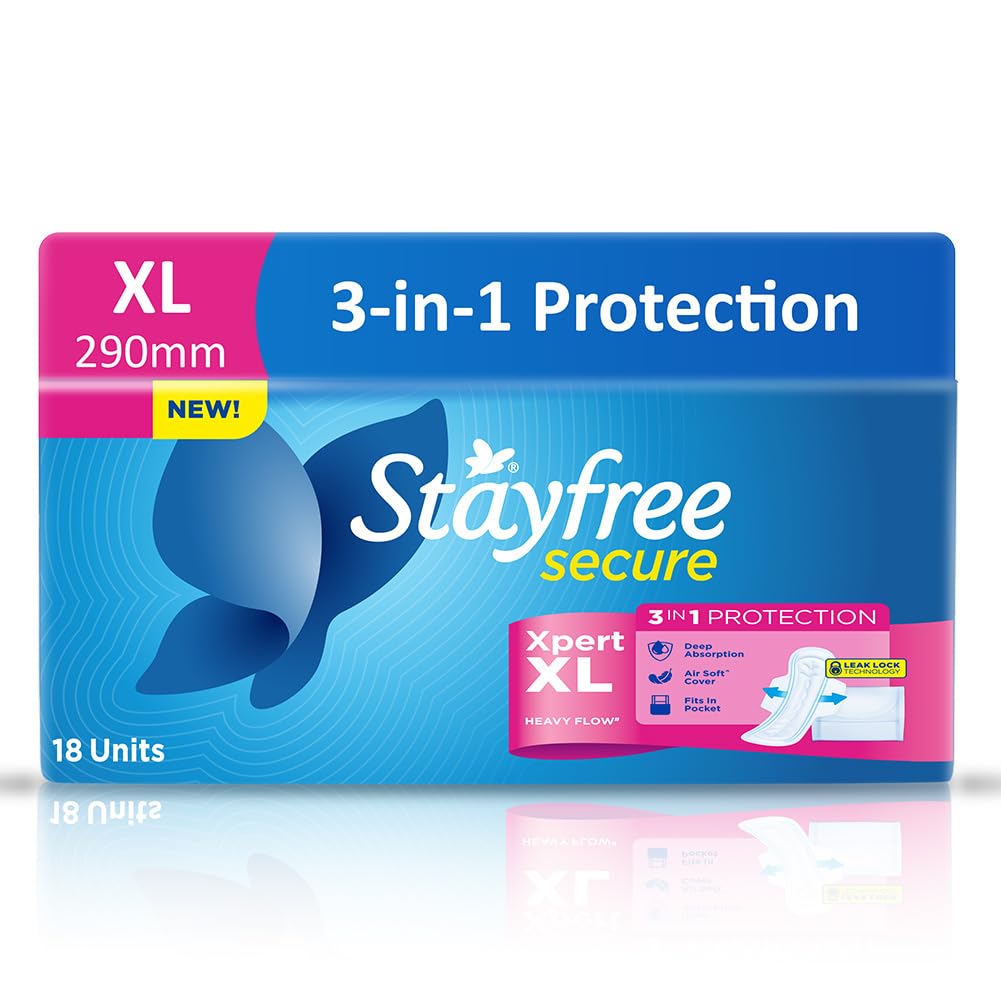 Stayfree Secure Xpert XL Sanitary Pads for Women | 290 mm | 18 Pads | Longer & Wider Pads for Heavy Flow | Air Soft Cover | Helps Prevent Skin Irritation | Fits in Pocket | Gel Lock Pockets for Instant & Deep Absorption | Dermatologically Tested