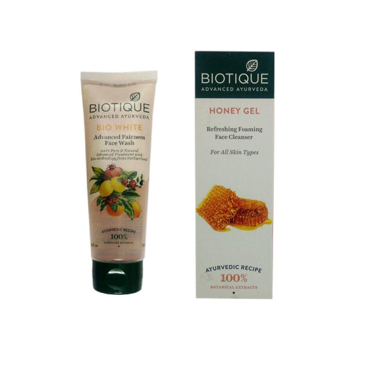 BIOTIQUE BIO WHITE ADVANCED FAIRNESS FACE WASH 100ML +BIOTIQUE HONEY GEL REFRESHING FOAMING FACE CLEANSER 120ML