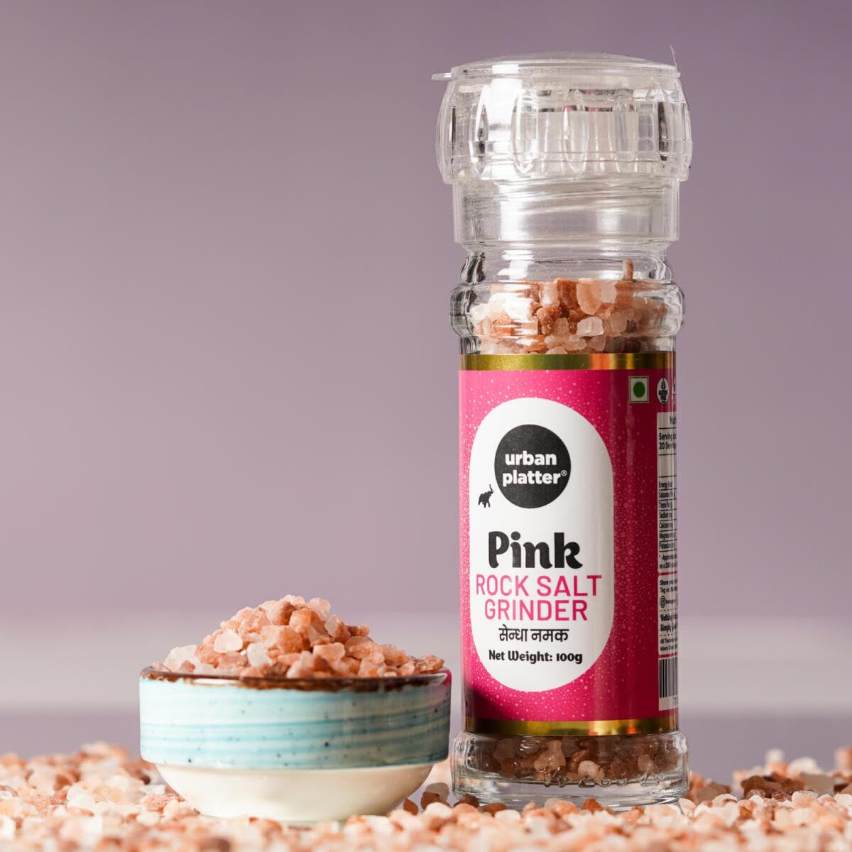 Urban Platter Pink Himalayan Rock Salt Grinder, 100g (Sendha Namak | Easy to Grind | Free from Micro-Plastics | Pure & Natural | Rich in Natural Minerals)