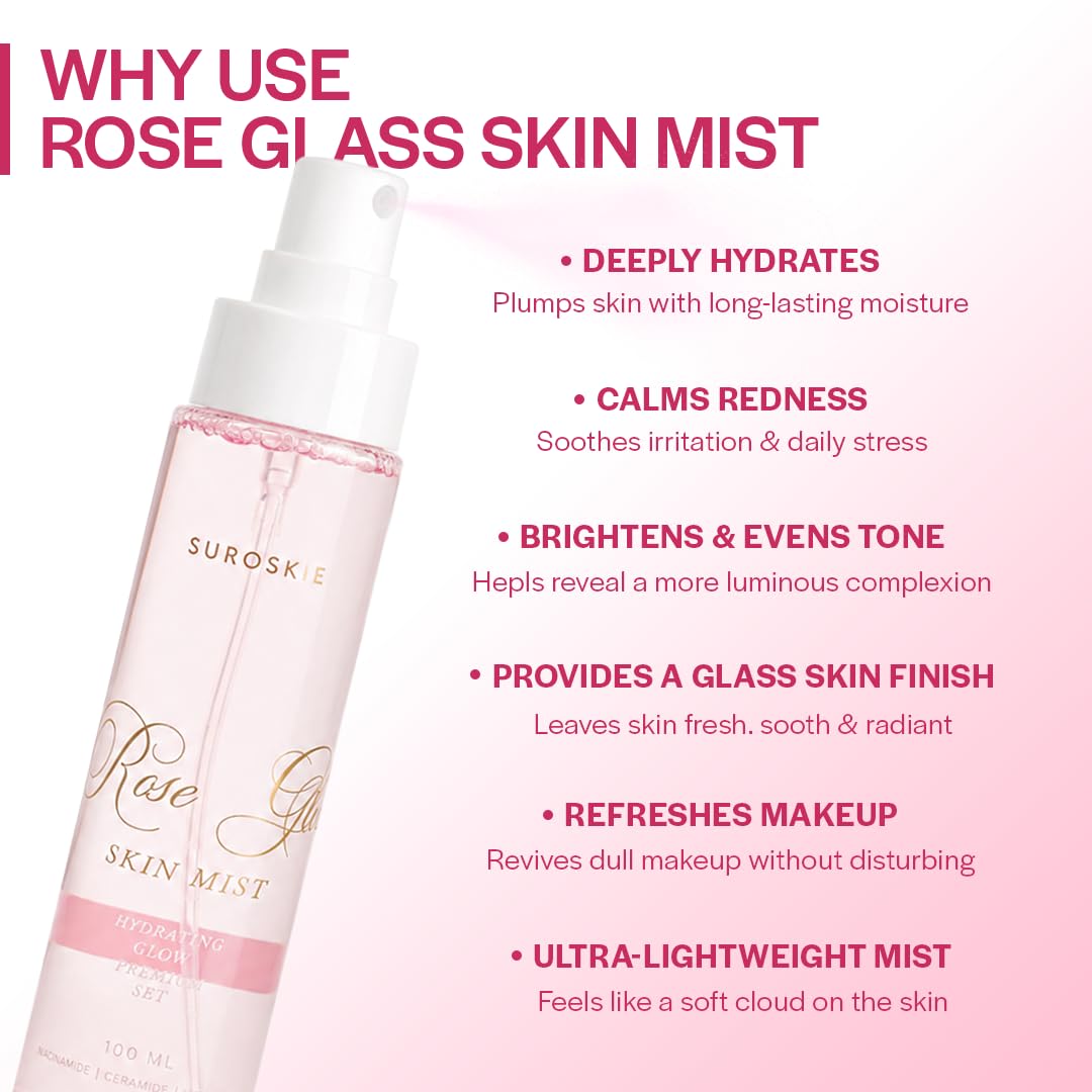 Suroskie Rose Glass Skin Mist 100ml | Rose Water Face Mist with Niacinamide, Hyaluronic Acid & Ceramide | Hydrating, Soothing & Glow Boosting Makeup Prep & Refresh Spray for All Skin Types
