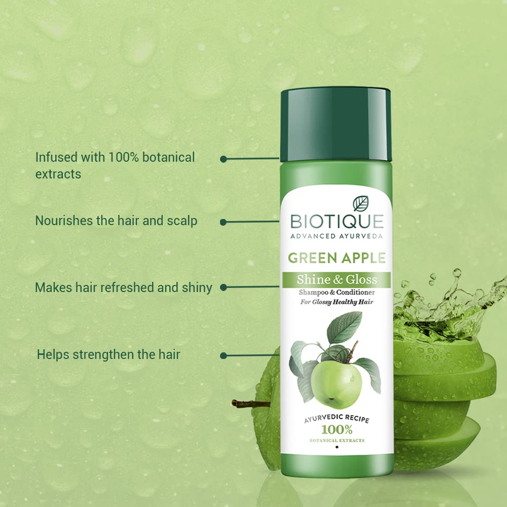Biotique Green Apple Shine & Gloss Shampoo & Conditioner| Promotes Healthy, Shiny and Glossy Hair | Nourishes Scalp | Makes Hair Soft & Smooth |100% Botanical Extracts| All Skin Types | 120ml