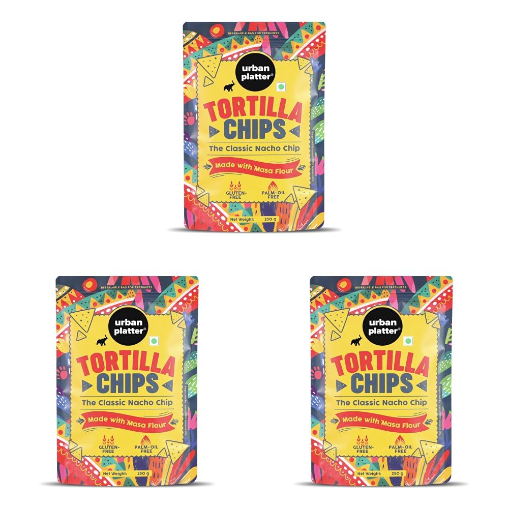 Urban Platter Tortilla Chips, 250g (Made with Masa Flour | Palm Oil Free | Gluten Free | Lightly Salted Nacho Chips) (Pack of 3)