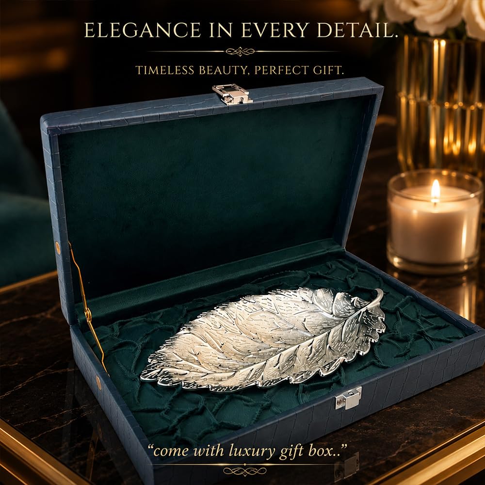 Diviniti Silver Plated Leaf Decorative Tray | Multipurpose Serving & Display Tray for Home Décor, Coffee Table, Dining Table, Vanity & Gifting | Luxury Metal Leaf Platter