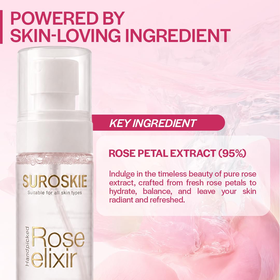 Suroskie Rose Water Elixir Face Mist 100Ml | Pure Rose Water | Face Toner For Glowing, Refresh & Hydrating Skin | Minimize Large & Open Pores | Balance Ph Of Skin | Gulab Jal For Women & Men