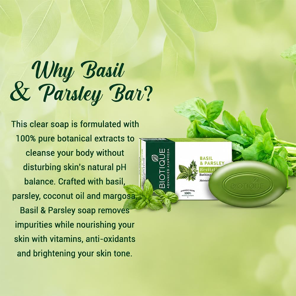 Biotique Basil & Parsley Revitalizing Bathing Bar| Ayurvedic and Organically Pure| Maintains Skin’s Natural pH |100% Botanical Extracts| Suitable for All Skin Types | 150gm 3, 225 g (3 x 75 g)