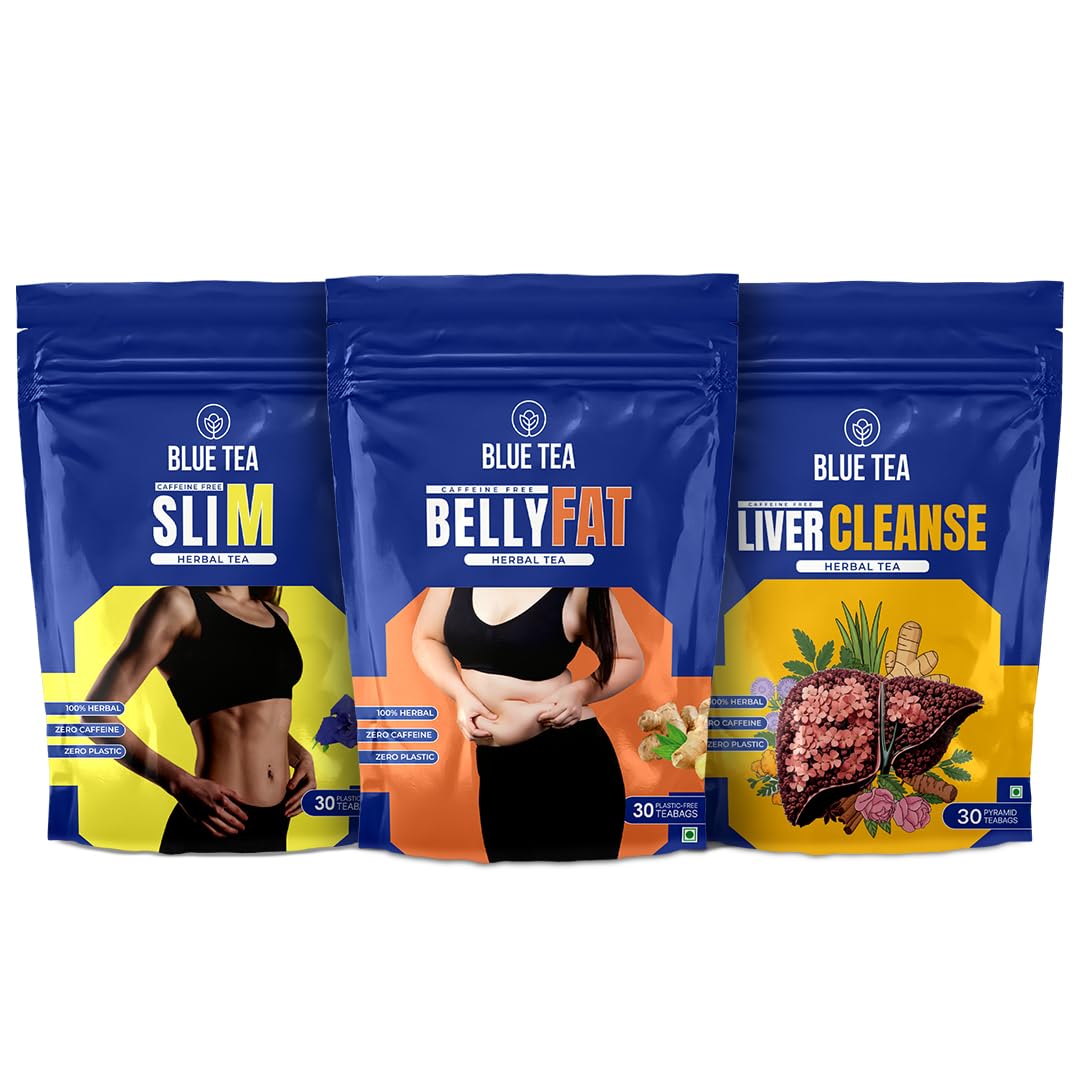 BLUE TEA - Combo Pack - Belly Fat & Slimming & Liver Cleanse Tea - 30 Tea Bags (Each Pack) - Zipper Pack