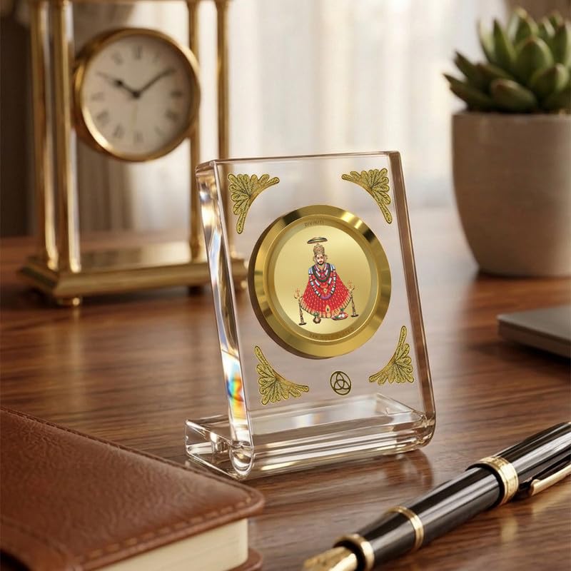 DIVINITI 24K Gold Plated Lord Khatu Shyam Acrylic Frame for Car Dashboard, Home Temple & Office Table | Premium Spiritual Gift, Blessings for Protection & Positivity, 8x7 cm Decorative Showpiece