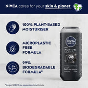 NIVEA Men Body Wash, Active Clean with Active Charcoal, Shower Gel for Body, Face & Hair, 250 ml