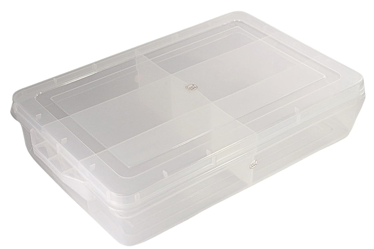 NMII Multipurpose Plastic Storage Box with Partitions | Transparent Organizer with Secure Lid | Ideal for Stationery, Craft Supplies, Tools, and Jewellery, Accessories | Lightweight-(6 Partitions)