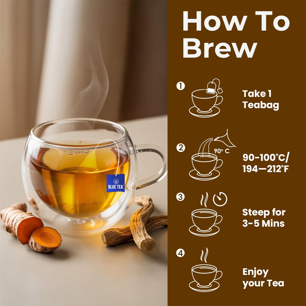 BLUE TEA - Turmeric Tea - Ashwagandha - 30 Tea Bags - Plant Based | CURCUMIN RICH - HERBAL BLEND | Herbal Tea - Caffeine Free | Gluten Free | Reusable Tin Pack