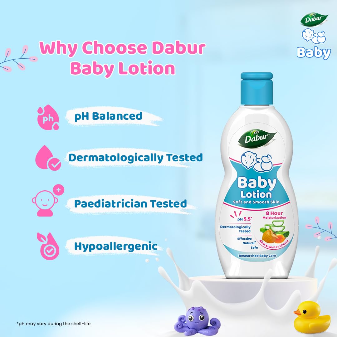 Dabur Baby Lotion: pH 5.5 Balanced for baby skin | No Harmful Chemicals | Contains Aloe Vera, Licorice and Almonds | Hypoallergenic and Dermatologically Tested | No Paraben and Phthalates - 200 ml