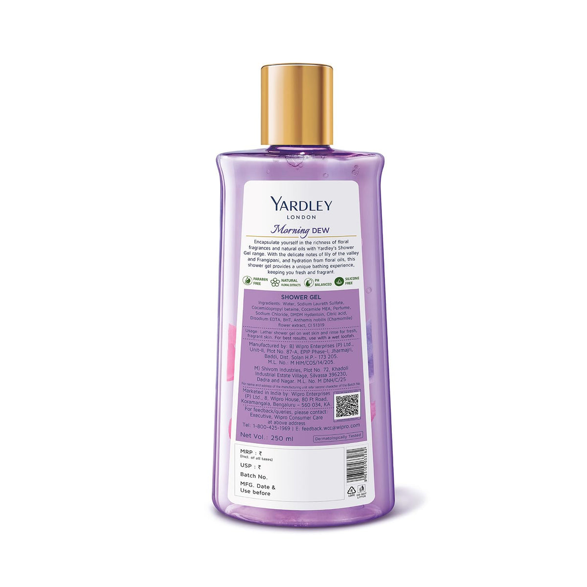 Yardley London| Shower Gel| Morning Dew| With Natural Oils Of Lily Of The Valley & Frangipani| No Parabens| No Silicones | 250ml