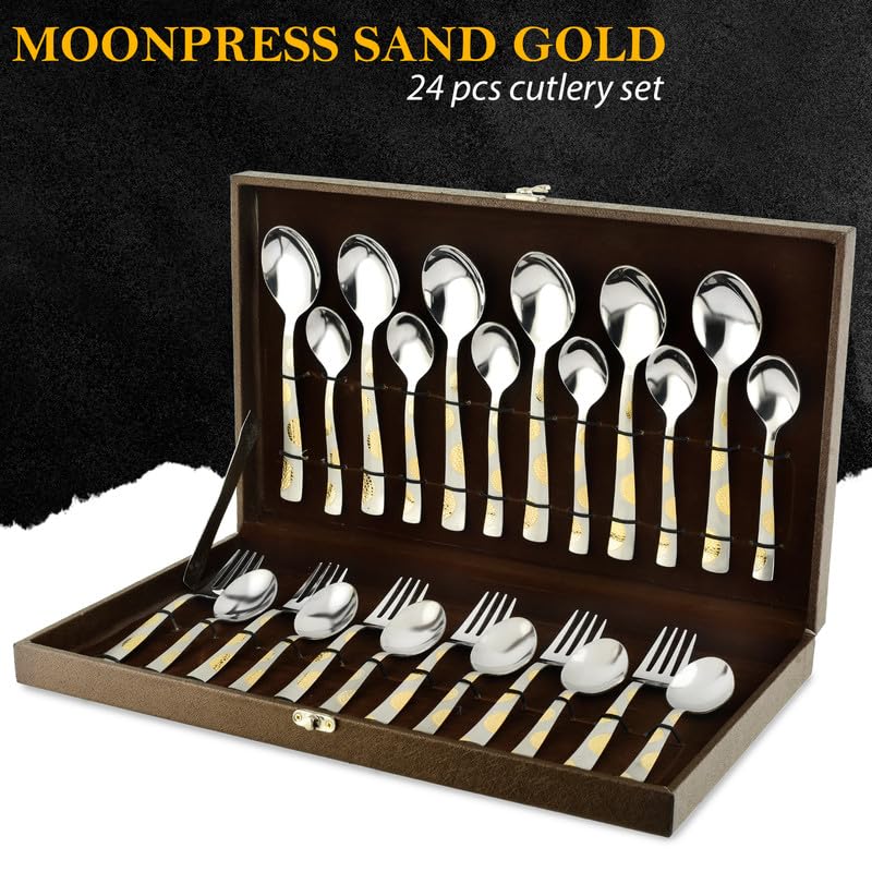 Parage 24 Pieces Premium Stainless Steel Golden Cutlery Set, Home & Kitchen with Gift Box, (6 Pieces Each Table Spoons, Table Forks, Dinner Spoon & Tea Spoons) with Leatherite Box (Moonpress Design)