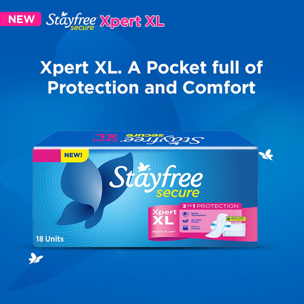 Stayfree Secure Xpert XL Sanitary Pads for Women | 290 mm | 18 Pads | Longer & Wider Pads for Heavy Flow | Air Soft Cover | Helps Prevent Skin Irritation | Fits in Pocket | Gel Lock Pockets for Instant & Deep Absorption | Dermatologically Tested