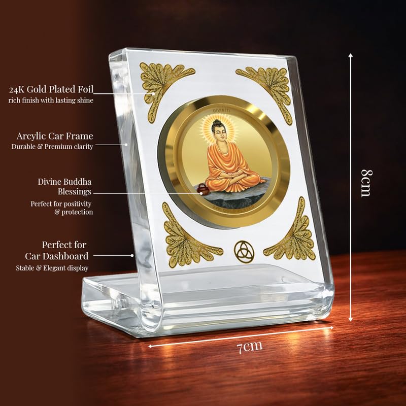 DIVINITI 24K Gold Plated Religious Car Dashboard Frame | Premium God Idol Frame for Car, Home Mandir & Office Table | Spiritual Gift, Decorative Showpiece | Buddha