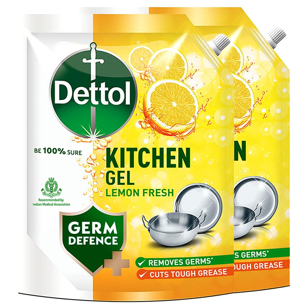 Dettol Lemon Fresh Dishwash liquid and Kitchen Gel | Cuts Tough Grease | Remove germs | 1500ml, (Refill Pack) (Pack of 2)