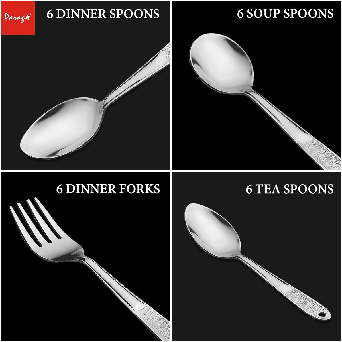 Parage 25 Pieces Pretty Premium Stainless Steel Cutlery Set for Home & Kitchen (Contains: 6 Dinner Spoons, 6 Tea Spoons, 6 Forks, 6 Soup Spoons) - Spoon Set for Dining Tableware Stylish, Silver
