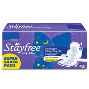 Stayfree Dry Max All Night Sanitary napkins (28 Count) & All Night XL Dry Max Cover Sanitary Napkins - 42 Pads (Super Saver Pack) Combo